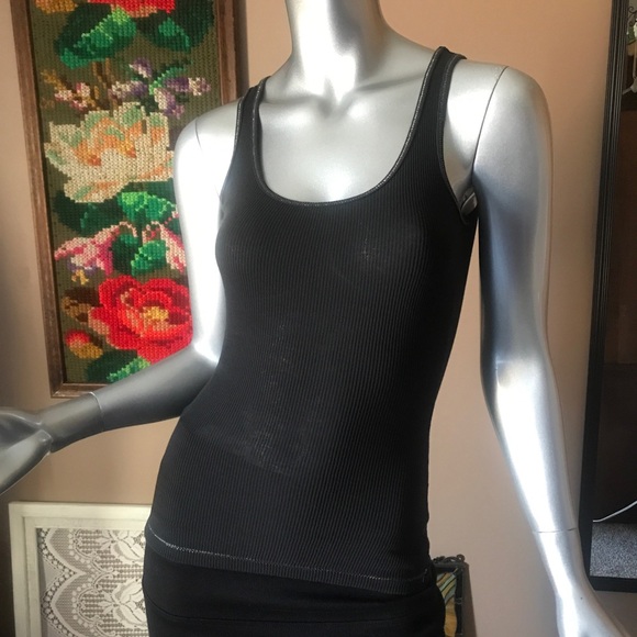 Express XS Scoop Neck Ribbed Fitted Tank Black Metallic Stitching Stretch - Picture 2 of 9